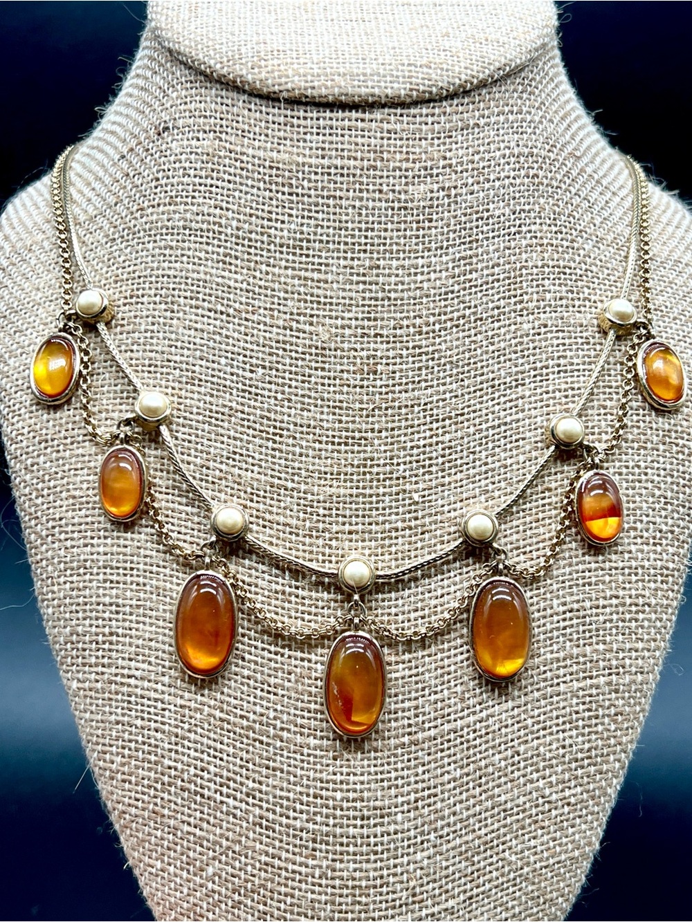 Monet Vintage Amber Tone Cabochon Faux Pearl Swag Necklace Gold Tone Statement
